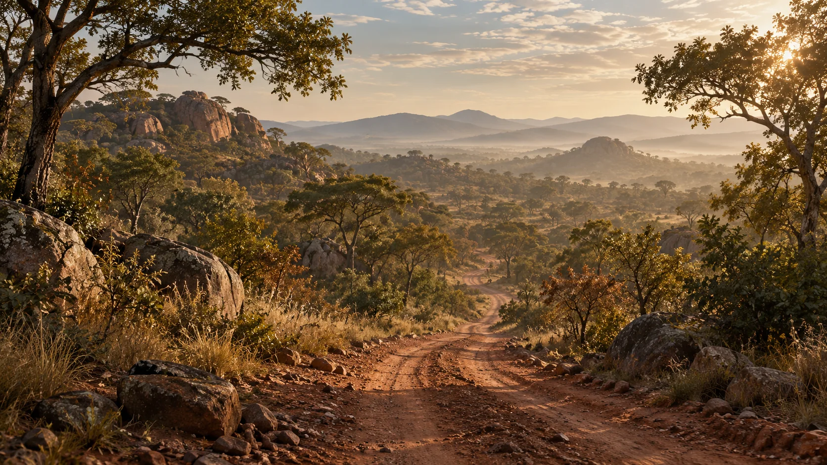 Concept artwork of a warm earth road winding through dense green woodland.